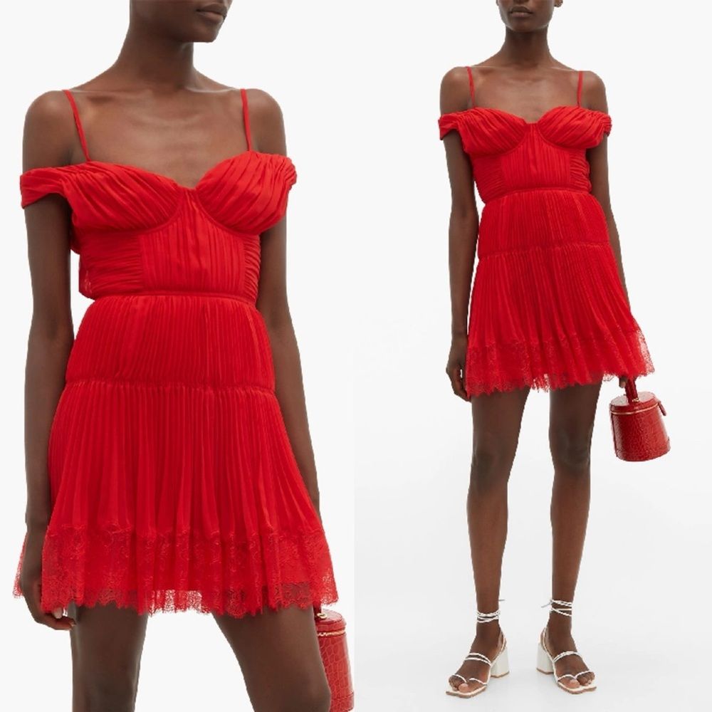New Self-Portrait Off-Shoulder Gathered Chiffon Lace Trim Red Mini Dress Size 8